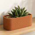 Terracotta Driftline rounded rectangle planter with a succulent on an oak shelf