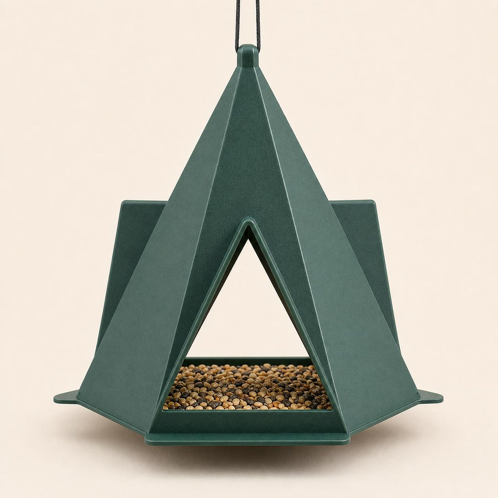 Front view of the Forest Green Foldcrest Haven feeder and triangular feeding opening