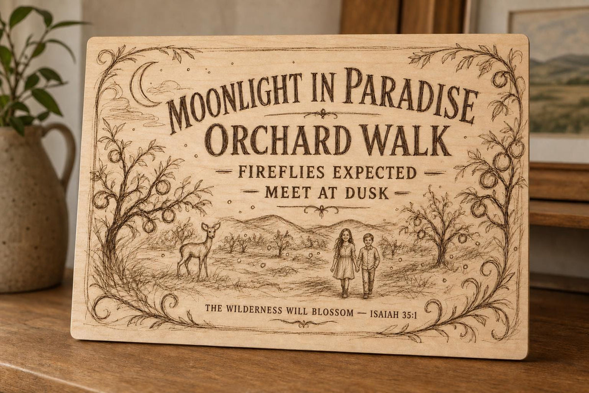 Natural birch engraved Moonlight Paradise Orchard Walk wall sign with visible-faced illustrated people, close angled view in a realistic room showing the thin finished edge.