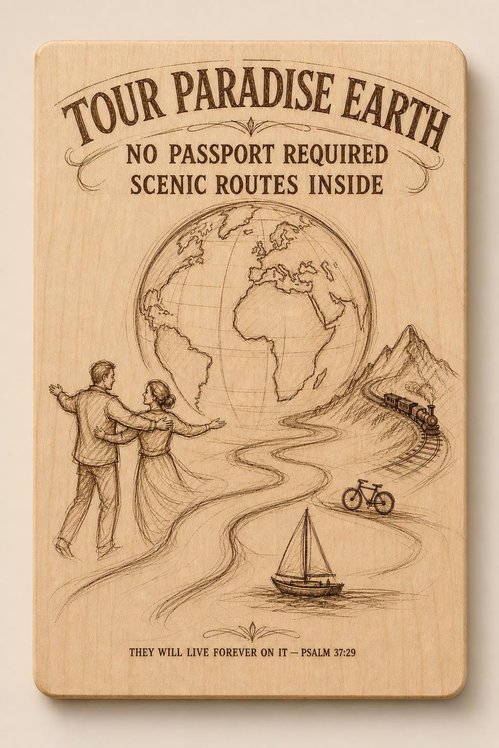 Natural birch engraved Tour Paradise Earth wall sign with visible-faced illustrated people, close front view on a warm neutral background.