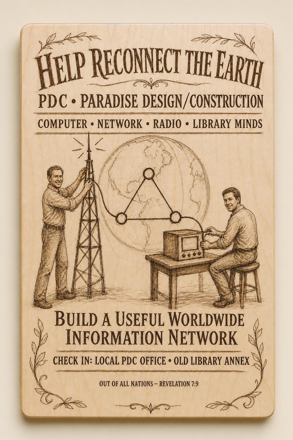 Natural birch engraved PDC Reconnect the Earth wall sign with visible-faced illustrated people, close front view on a warm neutral background.