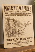 Natural birch engraved PDC Power Without Smoke wall sign with visible-faced illustrated people, close angled view in a realistic room showing the thin finished edge.