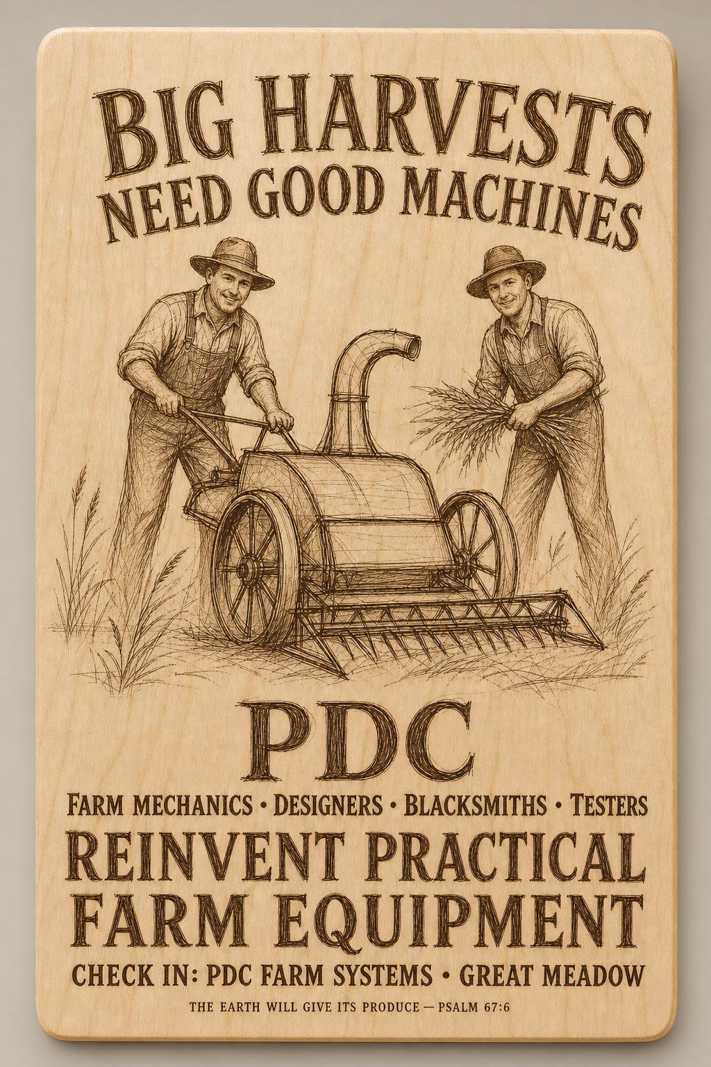 Natural birch engraved PDC Farm Machinery wall sign with visible-faced illustrated people, close front view on a warm neutral background.