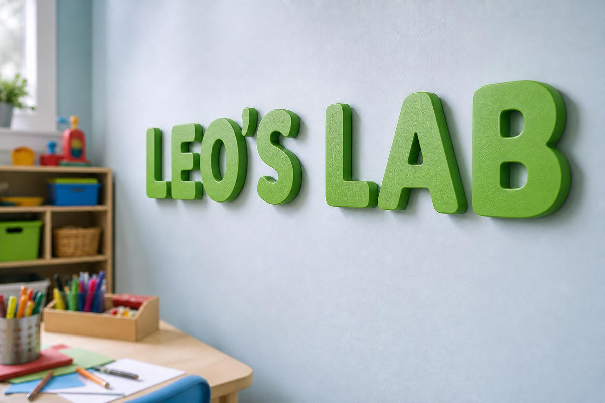 NamePop Raised Letter Set spelling Leo's Lab in bright green on a playroom wall, showing dimensional mounting shadows.