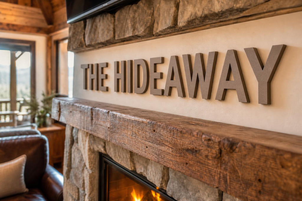 HavenMark Raised Letter Set spelling The Hideaway above a cabin fireplace from a close side viewpoint.