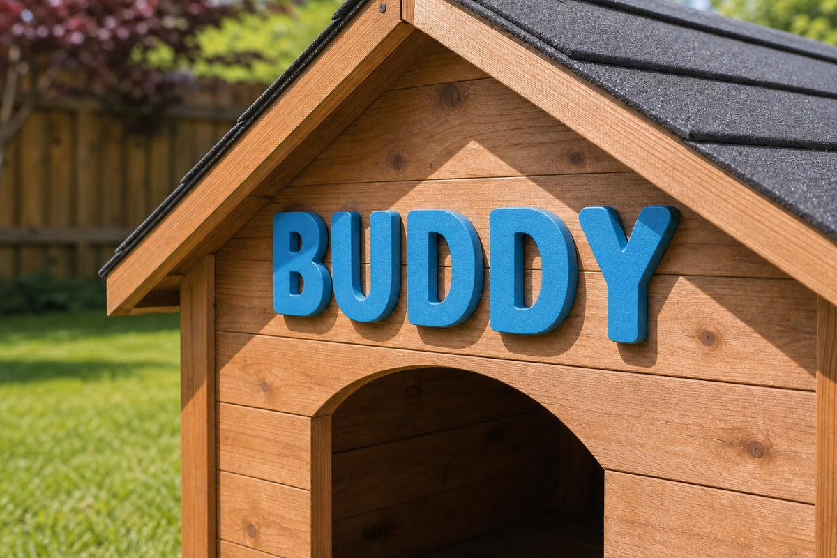 Pawprint Place Raised Letter Set spelling Buddy in blue on a cedar doghouse, shown close up.