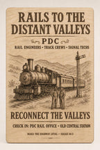 Natural birch engraved Paradise Design Construction Rails to the Distant Valleys sign with two visible-faced rail workers, including a Black man on the left, close front view on a warm neutral background.
