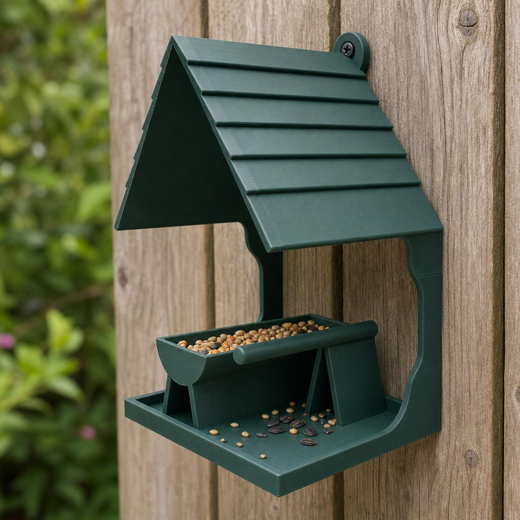 Forest Green Shinglecrest Landing wall bird feeder mounted on a cedar garden fence