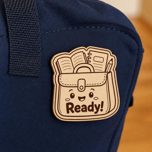 All Set Ready engraved birch reward badge shown close up in a realistic meeting setting.