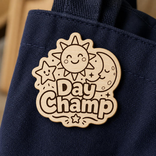All Day Champ engraved birch reward badge shown close up in a realistic convention setting.
