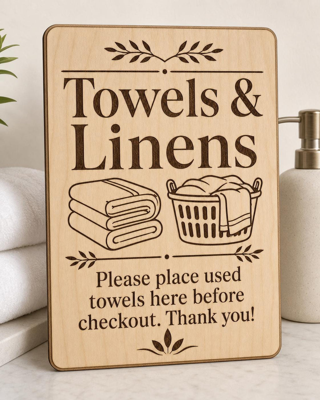 LinenHaven engraved birch towel return sign upright on a tidy guest-bath vanity in a close-up view.