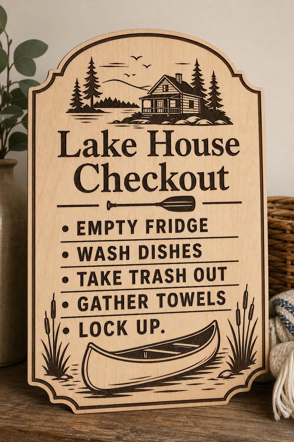 Pinewater engraved birch lake house checkout sign upright on a rustic entry console in a close-up view.