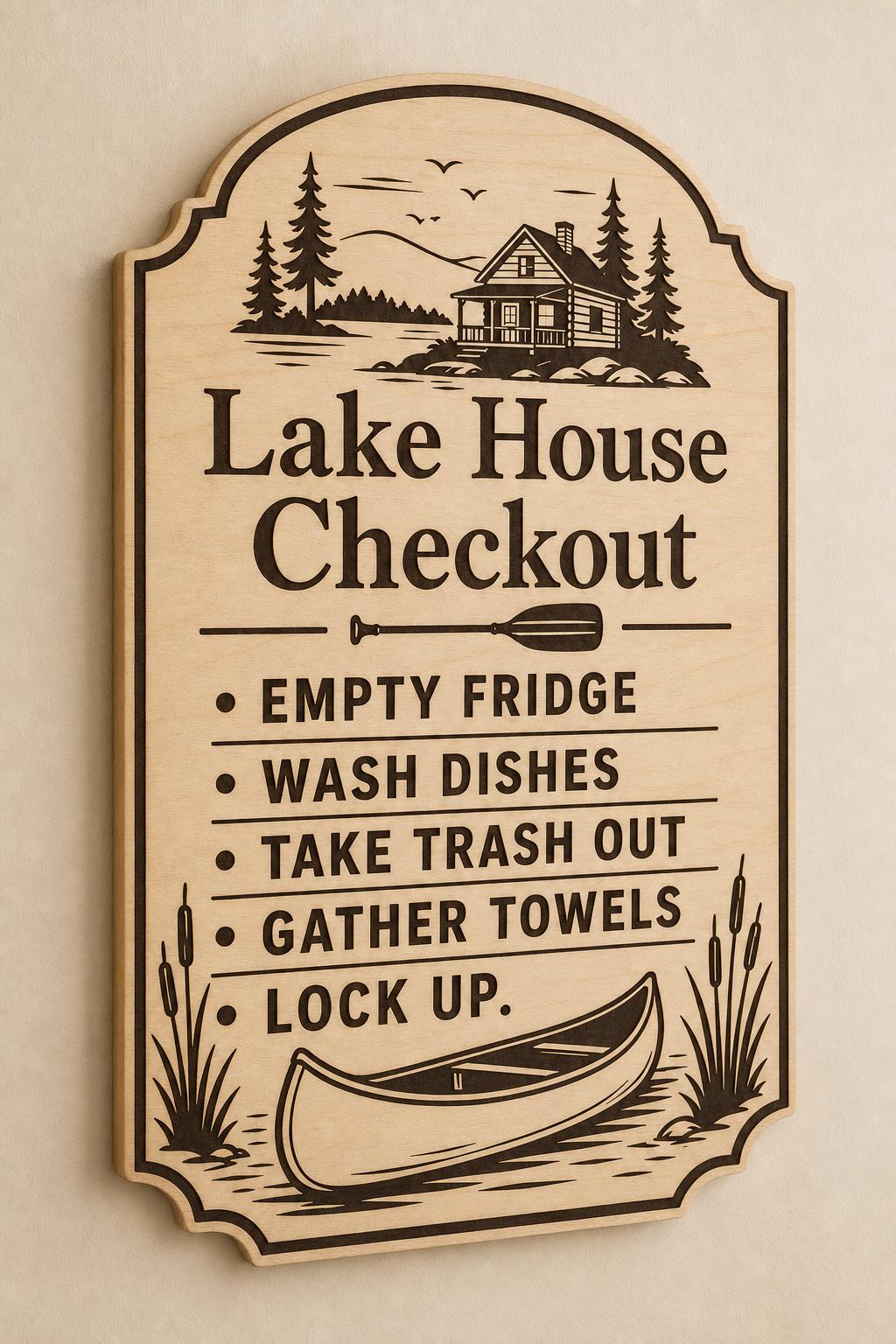Pinewater engraved birch lake house checkout sign mounted on a warm-beige wall from a close side angle.