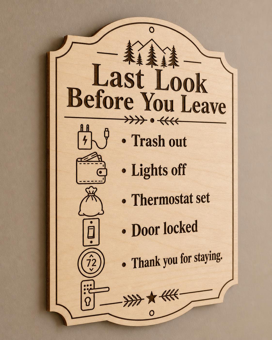 SummitStay engraved birch last look checklist mounted on a taupe wall from a close side angle.