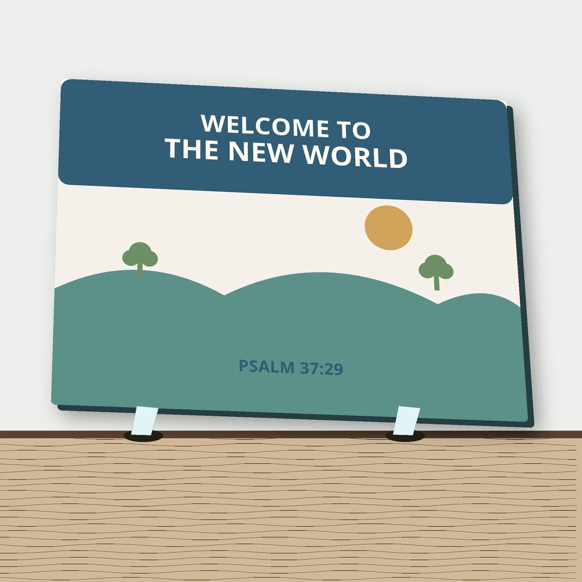 Welcome to the New World handbill plaque shown close up from a distinct angled view in a realistic room setting.