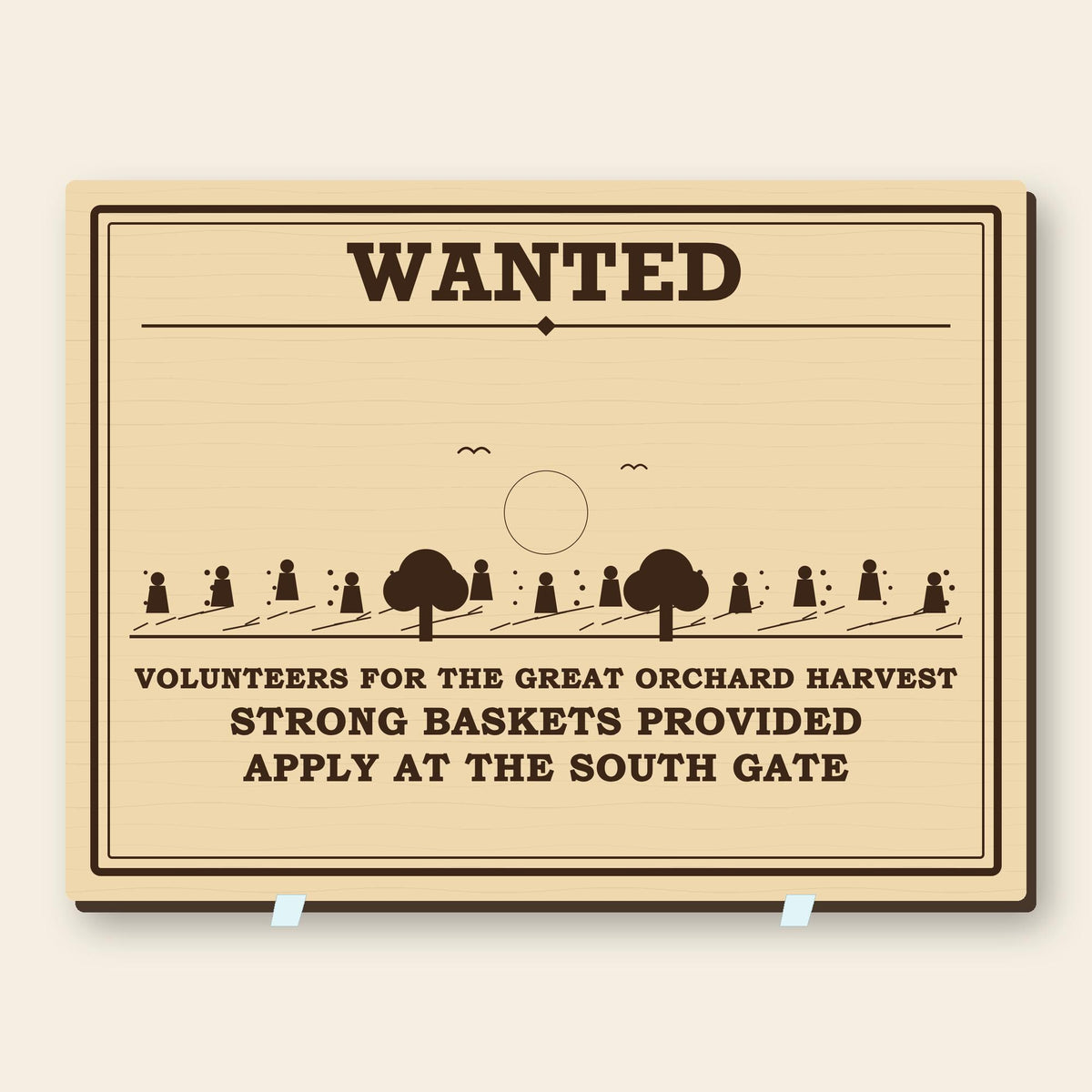 Great Orchard Harvest Help Wanted newspaper ad plaque shown close up from the front with its original Paradise-themed design.