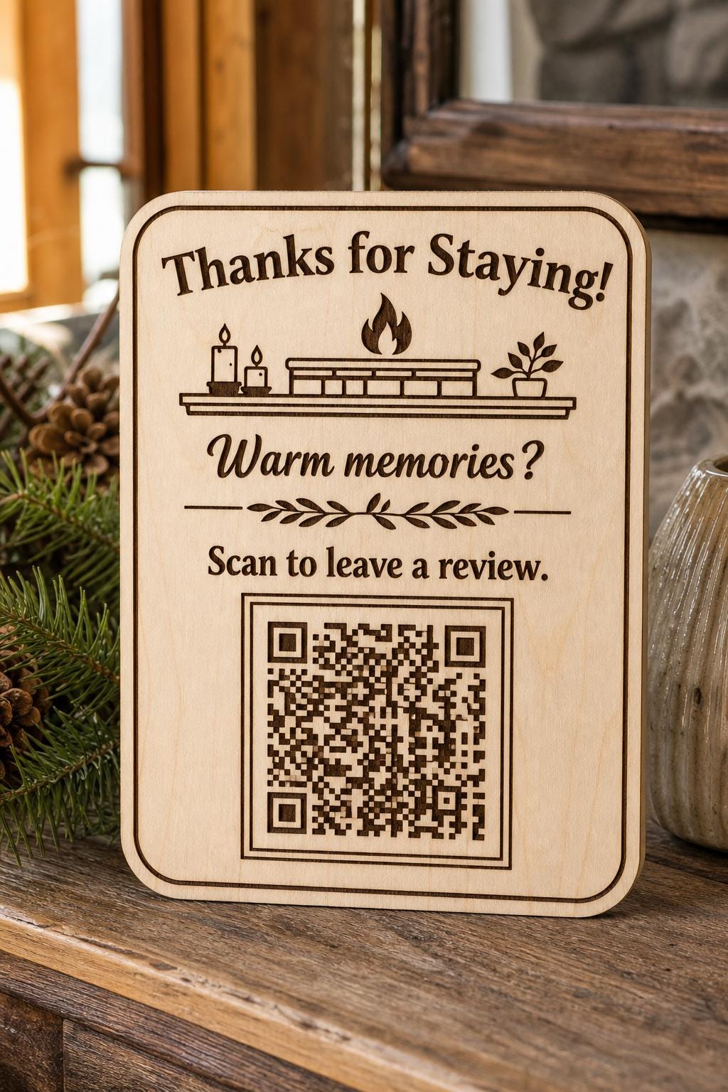 Fireside Keepsake engraved birch review sign upright on a cozy cabin console with a finished sample QR code.