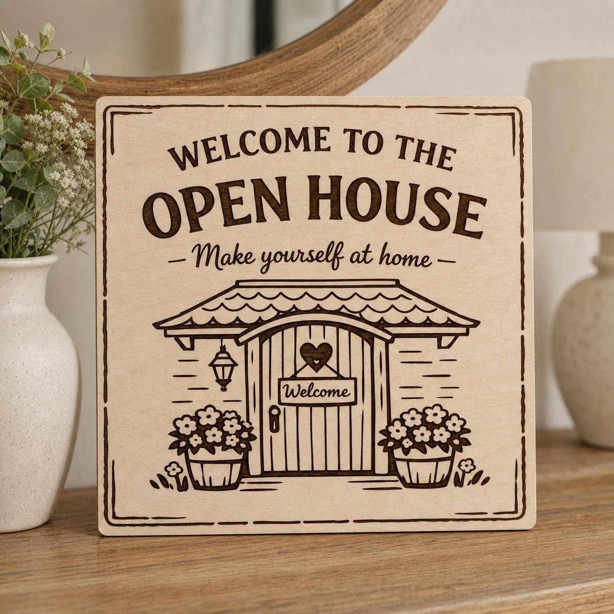 CottageLine engraved birch square open-house welcome sign upright on a warm console with a detailed cottage doorway.