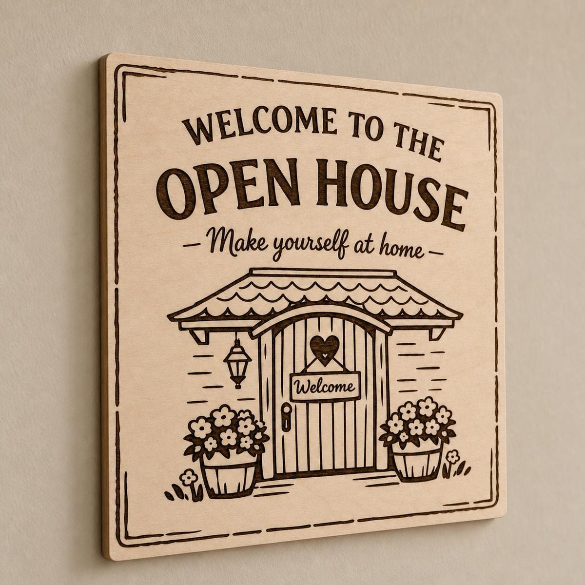 CottageLine engraved birch square open-house welcome sign mounted on a neutral wall from a close side angle.