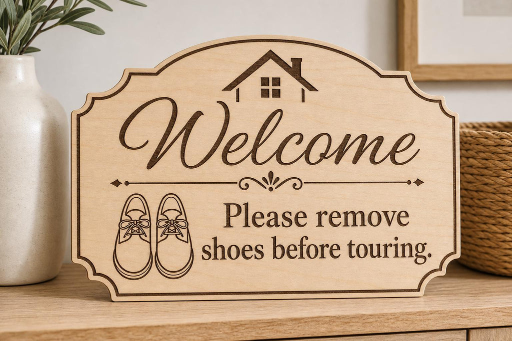 ShoePause landscape engraved birch touring reminder upright on a warm entry console with a pair of shoes.