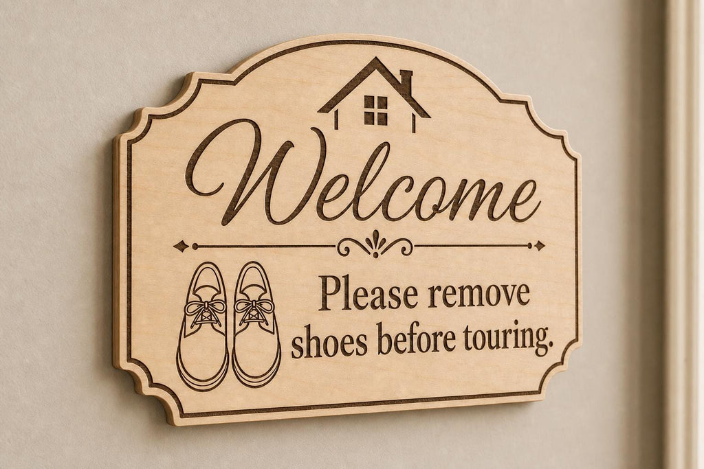 ShoePause landscape engraved birch touring reminder mounted on a neutral wall from a close side angle.