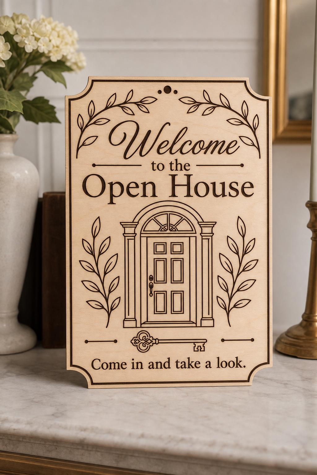 BotanicalEntry engraved birch open-house welcome sign upright on a refined console with a formal door and leafy branches.