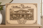 Heirloom Residence engraved birch sign shown close up with a detailed house drawing, Williams family name, and 14 Baker Street.