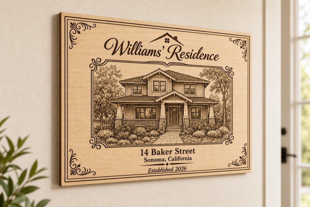 Heirloom Residence engraved birch house portrait mounted on a warm foyer wall from a close side angle.
