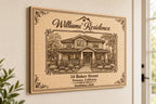 Heirloom Residence engraved birch house portrait mounted on a warm foyer wall from a close side angle.
