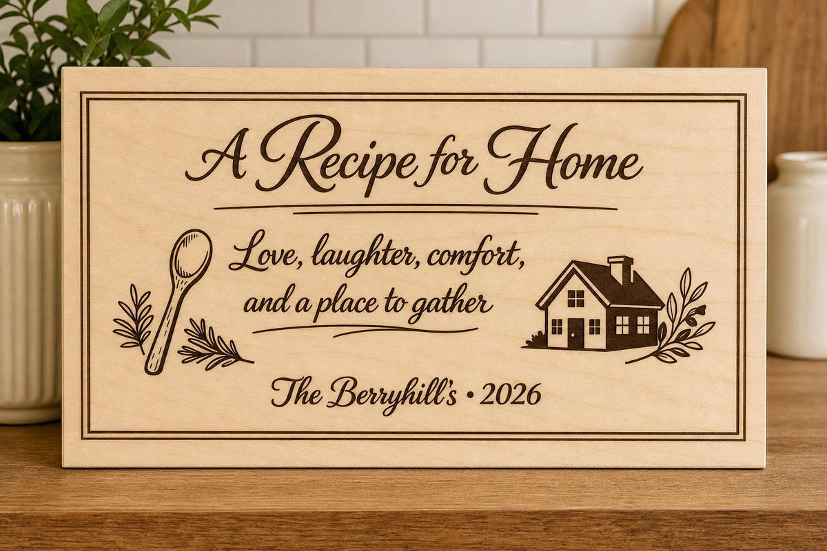 Recipe for Home engraved birch family sign shown close up with the Berryhills name and 2026.