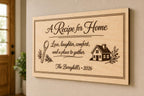 Recipe for Home engraved birch family sign mounted on a warm dining wall from a close side angle.