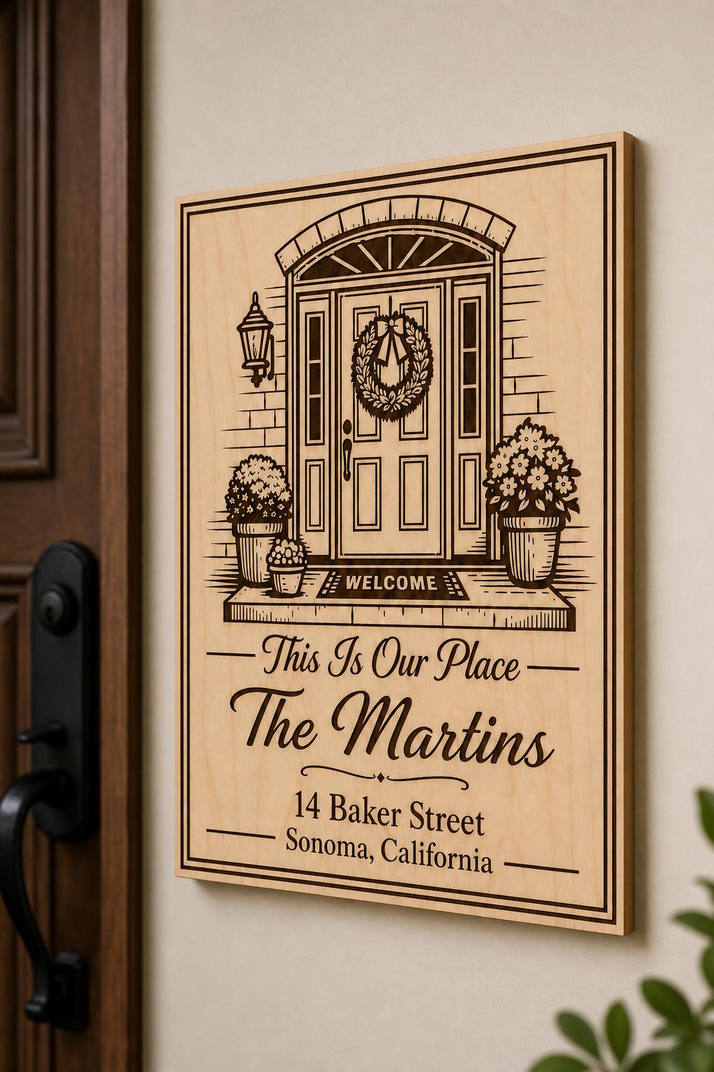 Front Door Our Place engraved birch sign mounted on a warm foyer wall from a close side angle.