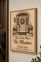 Front Door Our Place engraved birch sign mounted on a warm foyer wall from a close side angle.