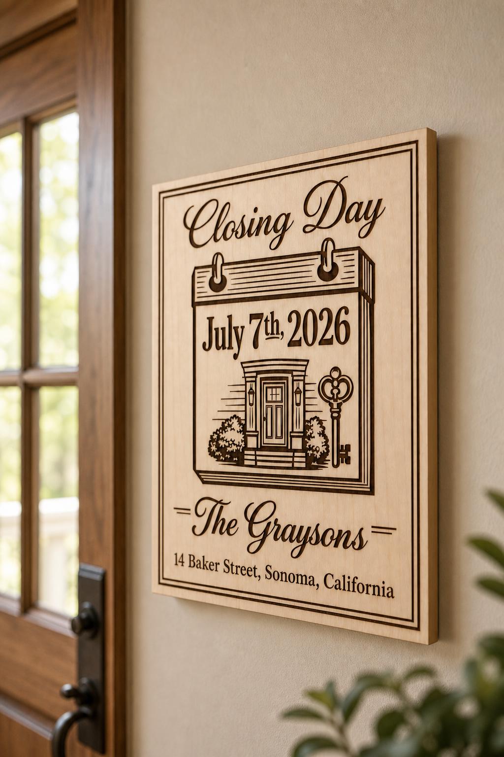 Classic Closing Day engraved birch sign mounted on a warm wall from a close side angle.
