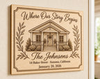 Story Begins engraved birch family sign mounted on a warm entry wall from a close side angle.