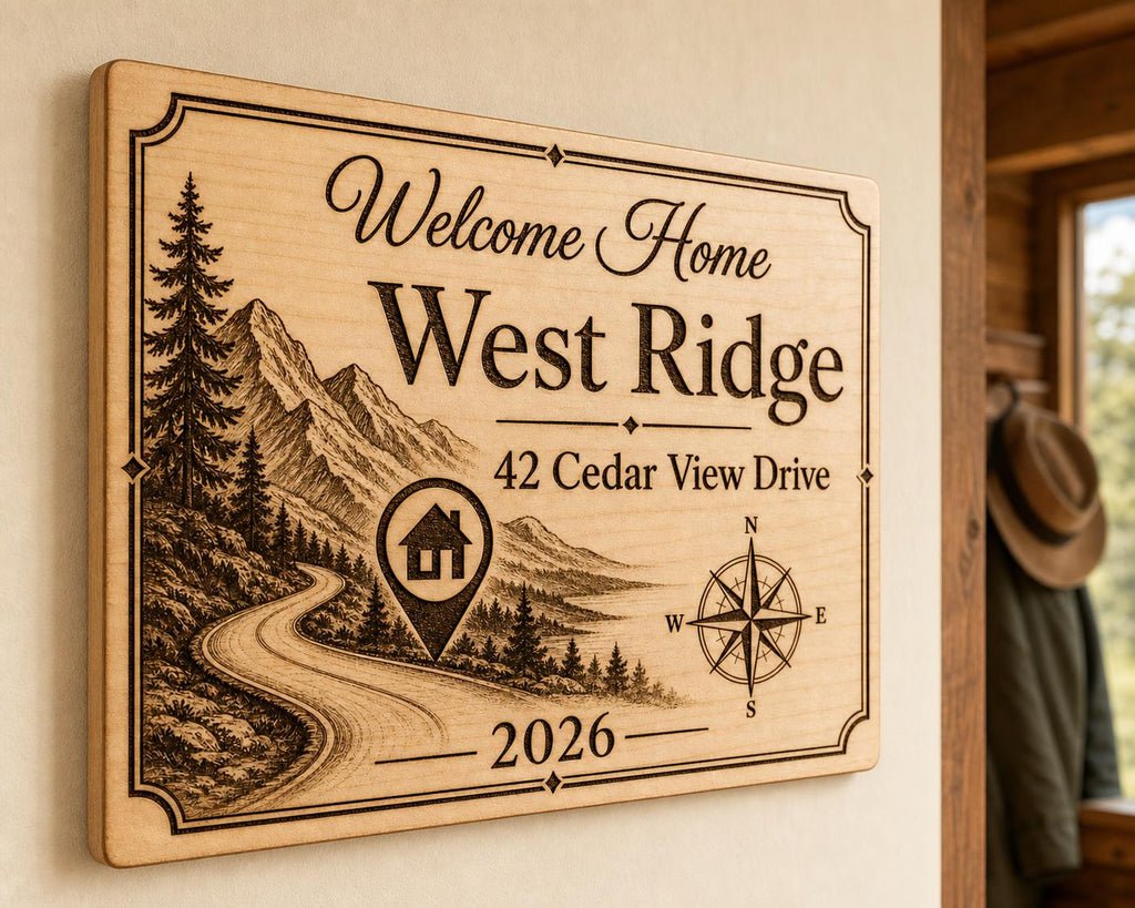 West Ridge engraved birch sign mounted on a warm cabin wall from a close side angle.