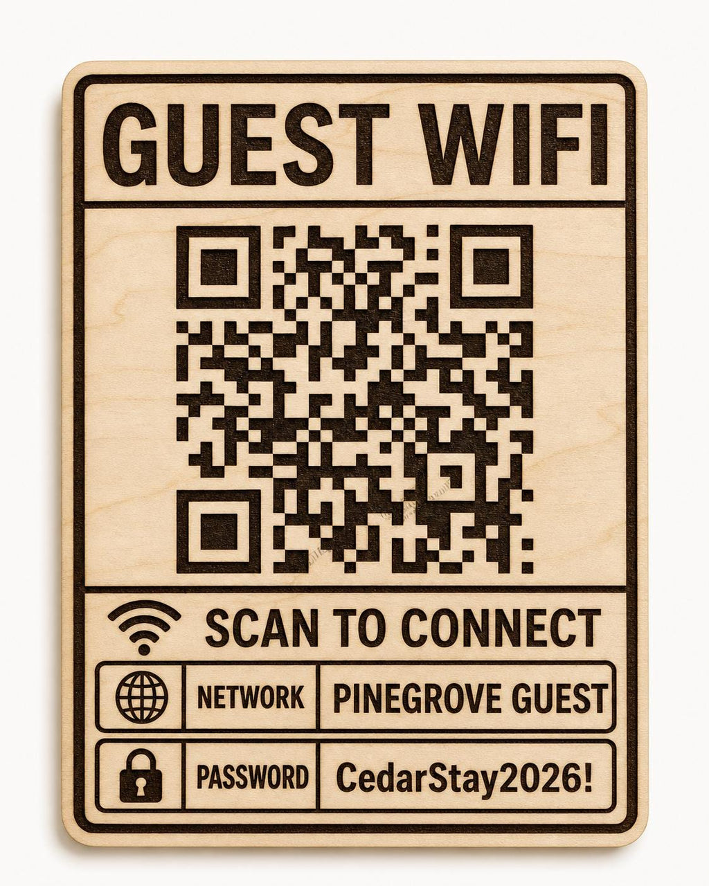 Crisp Connect Guest WiFi Sign engraved birch sign shown close up against a plain warm white background in natural birch and dark engraving with a complete QR code and sample guest network details.