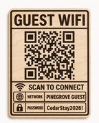 Crisp Connect Guest WiFi Sign engraved birch sign shown close up against a plain warm white background in natural birch and dark engraving with a complete QR code and sample guest network details.