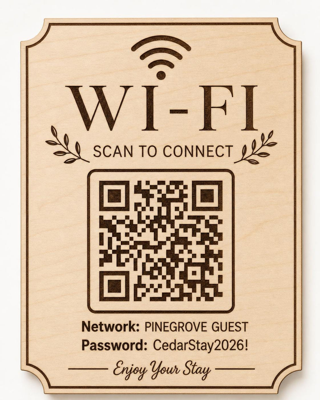 Laurel Welcome Guest WiFi Sign engraved birch sign shown close up against a plain warm white background in natural birch and dark engraving with a complete QR code and sample guest network details.