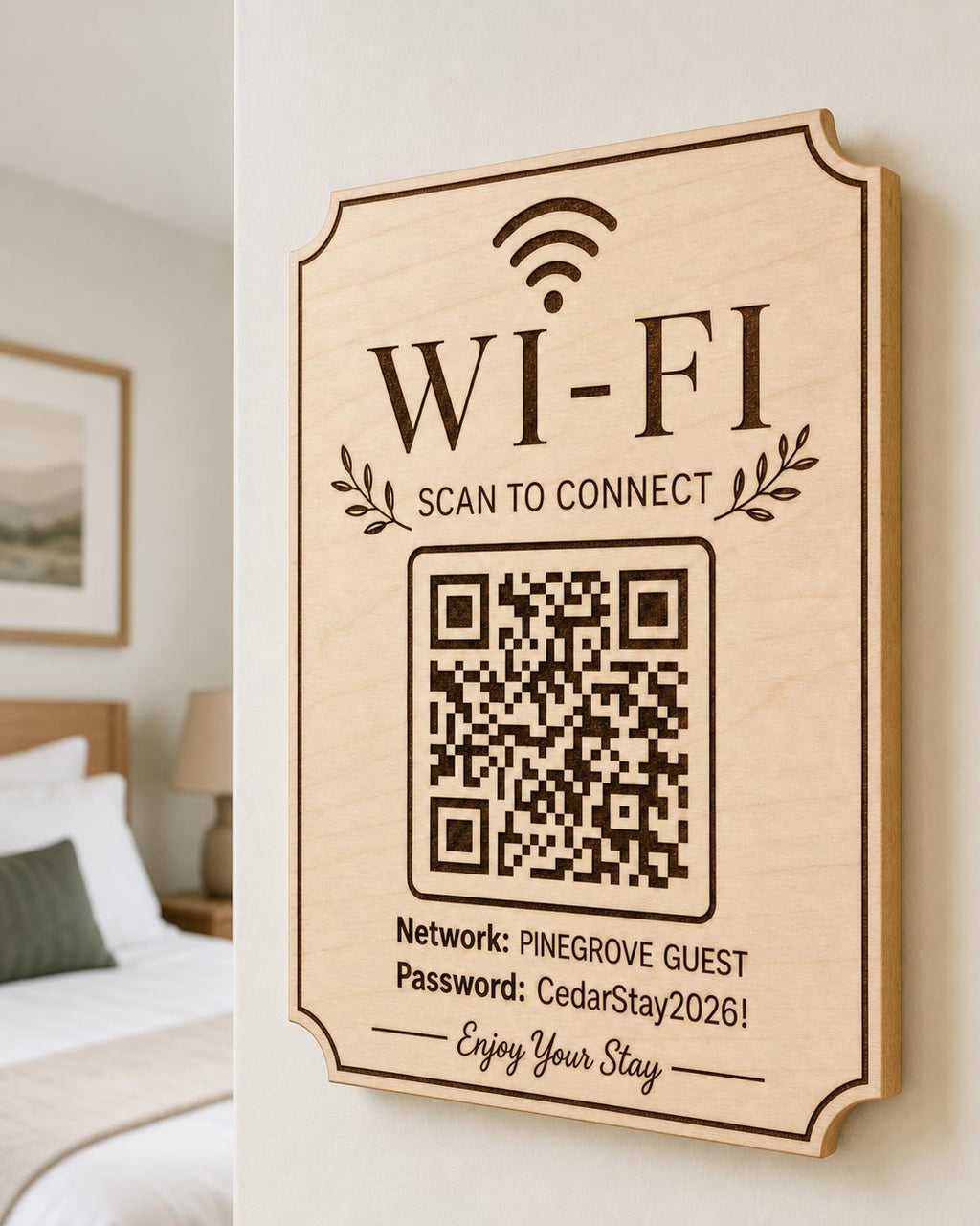 Laurel Welcome Guest WiFi Sign engraved birch sign mounted on a realistic neutral interior wall from a close side angle in natural birch and dark engraving, showing the QR code and guest network details.
