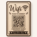 Scripted Welcome Guest WiFi Sign engraved birch sign shown close up against a plain warm white background in natural birch and dark engraving with a complete QR code and sample guest network details.