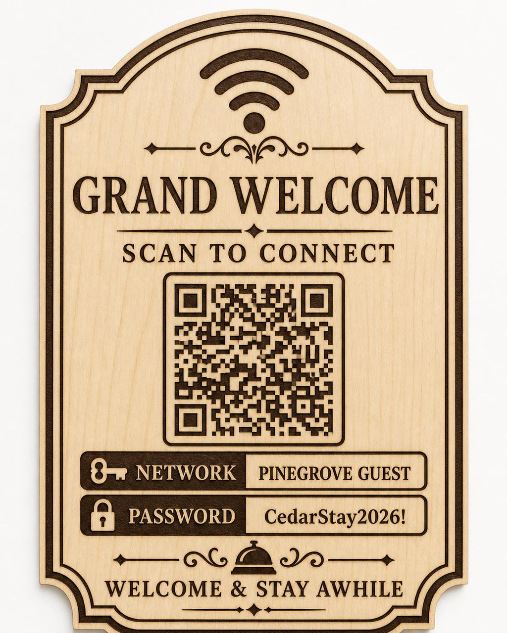Grand Welcome Guest WiFi Sign engraved birch sign shown close up against a plain warm white background in natural birch and dark engraving with a complete QR code and sample guest network details.