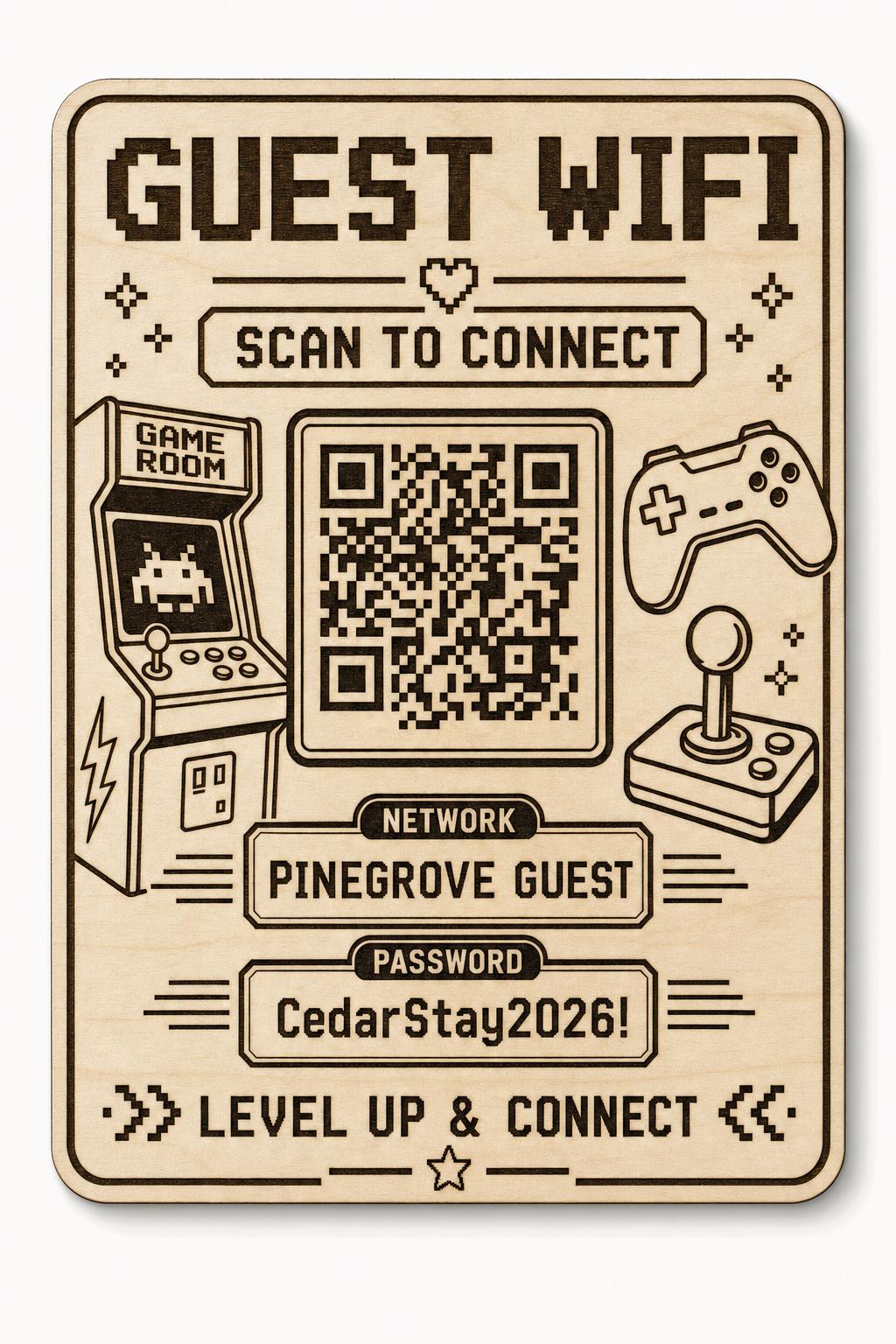 Pixel Lounge Guest WiFi Sign engraved birch sign shown close up against a plain warm white background in natural birch and dark engraving with a complete QR code and sample guest network details.