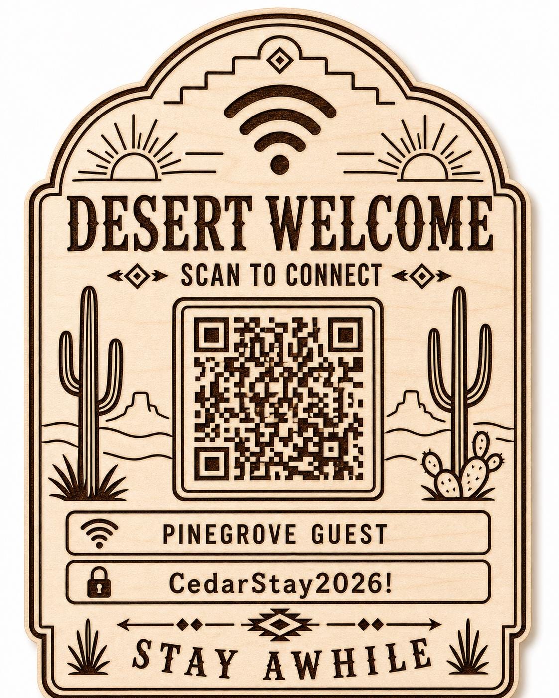 Desert Welcome Guest WiFi Sign engraved birch sign shown close up against a plain warm white background in natural birch and dark engraving with a complete QR code and sample guest network details.