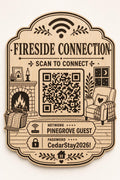 Fireside Connection Guest WiFi Sign engraved birch sign shown close up against a plain warm white background in natural birch and dark engraving with a complete QR code and sample guest network details.