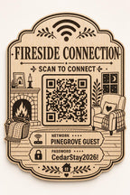 Fireside Connection Guest WiFi Sign engraved birch sign shown close up against a plain warm white background in natural birch and dark engraving with a complete QR code and sample guest network details.
