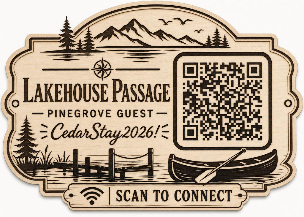 Lakehouse Passage WiFi Sign engraved birch sign shown close up against a plain warm white background in natural birch and dark engraving with a complete QR code and sample guest network details.