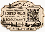 Lakehouse Passage WiFi Sign engraved birch sign shown close up against a plain warm white background in natural birch and dark engraving with a complete QR code and sample guest network details.