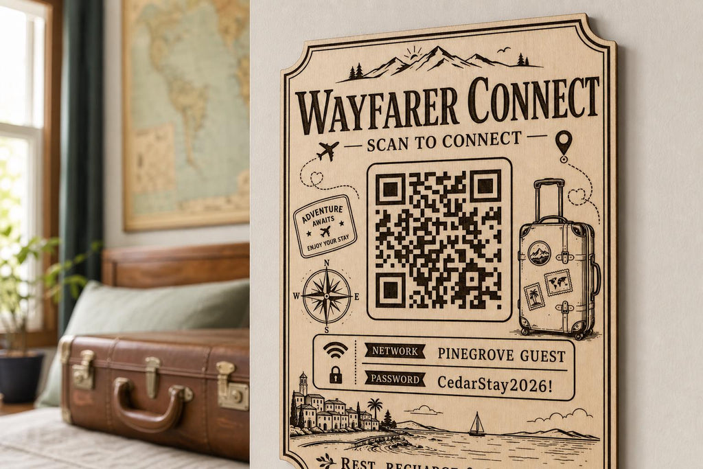 Wayfarer Connect Guest WiFi Sign engraved birch sign mounted on a realistic neutral interior wall from a close side angle in natural birch and dark engraving, showing the QR code and guest network details.