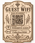 Wayfarer Wireless Guest WiFi Sign engraved birch sign shown close up against a plain warm white background in natural birch and dark engraving with a complete QR code and sample guest network details.